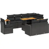 vidaXL 9-delige tuinmeubelset met kussens, zwart, polyrotan