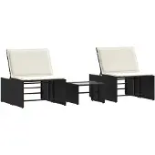 vidaXL Modulaire ligbedden 2 stuks met tafel zwart poly rattan