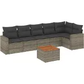 vidaXL 7-delige Loungeset met kussens poly rattan grijs