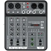 Jojomino 4-Kanaals Audiomixer 48V Fantoomvoeding USB-Studiogeluidsmixers DJ-Console Mixen voor Karaoke