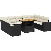 vidaXL 10-delige Loungeset met kussens poly rattan zwart
