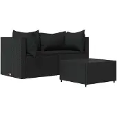 vidaXL 3-delige Loungeset met kussens poly rattan zwart