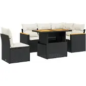 vidaXL 6-delige Loungeset met kussens poly rattan zwart