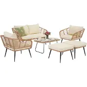Garden Point Malta Coffee 4 beige technorattan set met poefs