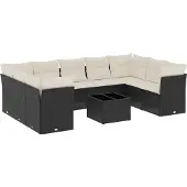vidaXL 10-delige loungeset voor de tuin met kussens, zwart, polyrotan