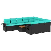 vidaXL 11-delige tuinbankset met kussens, zwart polyrotan