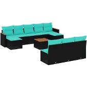 vidaXL 11-delige tuinbankset met kussens, zwart polyrotan