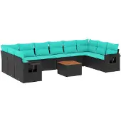 vidaXL 11-delige tuinbankset met kussens, zwart polyrotan