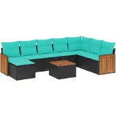 vidaXL 9-delige loungeset voor de tuin met kussens, zwart kunststof vlechtwerk