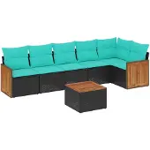 vidaXL 7-delige loungeset voor buiten met kussens, zwart kunststofvlecht