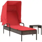 vidaXL Ligstoel met luifel en tafel bruin poly rattan