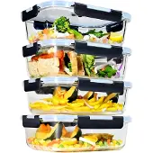 Famanu - Set van 4 vershouddozen van glas, 1520 ml, rechthoekig
