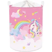 Famanu - Kinderwasmand roze eenhoorn regenboog wolk 63L met deksel 40x50cm