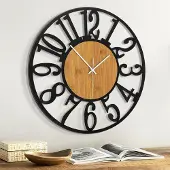 Famanu - Grote houten metalen wandklok (helder hout, Arabisch-14IN)