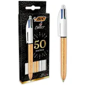 BIC 4 Kleuren Balpennen - Diverse Kleuren Huls - Goudkleurig met ijzig motief en Zilverkleurig - Pak van 3 stuks - Medium Punt 1 mm