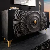 Invicta Handgemaakt dressoir GOLDEN SUNSET 140cm zwart met 3D houtsnijwerk goud mango hout metalen poten - 46658