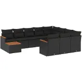 vidaXL 11-delige tuinmeubelset met kussens, zwart, polyrotan