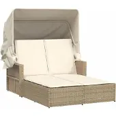 vidaXL Ligbed 2-persoons met luifel en kussens poly rattan beige