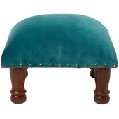 Homescapes fluwelen kruk Mable – petroleumgroen met houten poten, 40x40x25 cm