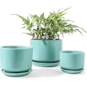 Famanu - Set van 3 keramische bloempotten met schotels aqua kleur