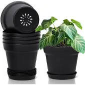 Famanu - Set van 6 kunststof bloempotten met onderzetter 19 cm zwart