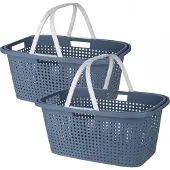 Storage solutions Wasmand met hengsel - 2x stuks - 38 liter - 60 cm - blauw/wit - Draagwasmanden - Wasgoedmand - Mand met handvatten