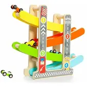 MOLTO Wooden Car Ramp Track Includes 4 Cars Transparant Kinderen
