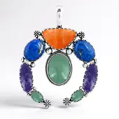 Cavill - Zilveren Hanger 925 Sterling Zilver - Oranje Oester 11,16 ct - Multicolor Edelstenen 47,93 ct - Handgemaakt Design