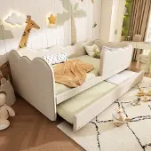 MODFU Kinderbed met Uitschuifbed – Wolkvormig – 99x197x70 cm – 90x190 cm – Ruimtebesparend – Linnen beige