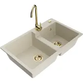 Mexen Tomas granieten gootsteen 2-kamer met keukenmengkraan Telma, beige - 6516-69-670200-50