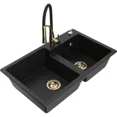 Mexen Tomas granieten spoelbak 2-kamers met keukenmengkraan Aster, zwart - 6516-77-73450-57-G