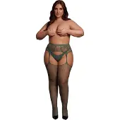 Le Désir - Jarretelgordelkousen van visnet en kant - Midnight Green Plus Size