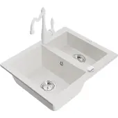 Mexen Carlos granieten spoelbak 1,5-combi met keukenmengkraan Carla, wit - 6518-20-670700-20