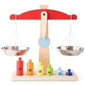 New Classic Toys Houten Speelgoedweegschaal - Inclusief 6 Speelgoed Gewichtjes - Balans Weegschaal - Educatief Rollenspel - Vanaf 3 Jaar