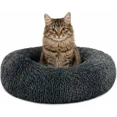 Lionto Donut-bed voor katten, rond met pluche bekleding en antislipbodem, verhoogde rand voor een veilig gevoel, diameter 40 cm, donkergrijs