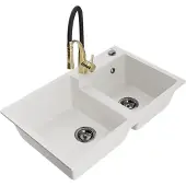 Mexen Tomas granieten gootsteen 2-kamer met keukenmengkraan Aster, wit - 6516-20-73450-57-B