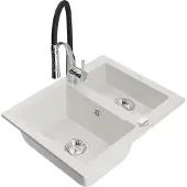 Mexen Carlos granieten gootsteen 1,5-kamer met Astermengkraan, wit - 6518-20-73450-07
