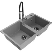 Mexen Tomas granieten gootsteen 2-kamer met keukenkraan Aster, grijs - 6516-71-73450-07-B