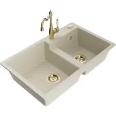 Mexen Tomas granieten gootsteen 2-kamer met keukenkraan Carla, beige - 6516-69-670700-50