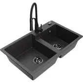 Mexen Tomas granieten spoelbak 2-kamer met keukenmengkraan Aster, zwart gespikkeld - 6516-76-73450-70-B