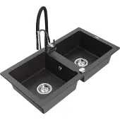 Mexen Mario granieten spoelbak 2-kamers met keukenmengkraan Aster, zwart gespikkeld - 6504-76-73450-07