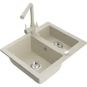 Mexen Carlos granieten gootsteen 1,5-komers met keukenmengkraan Duero, beige - 6518-69-671600-69