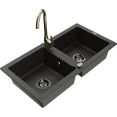 Mexen Mario granieten spoelbak 2-kamer met keukenmengkraan Telma, zwart/goud - 6504-75-670200-50-B