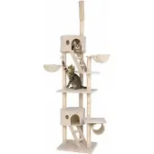 Lionto Kartonnen krabpaal met plafondbevestiging, actieve toren van 230-250 cm met 2 holtes, 2 ligplaatsen, een trap en speelballen, beige kleur