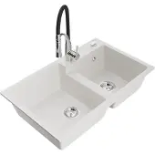 Mexen Tomas granieten spoelbak 2-kamer met keukenmengkraan Aster, wit - 6516-20-73450-07