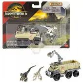 Hot Wheels Jurassic World Rebirth, Dinosaur Voertuig en Figuur (Velociraptor Blue en Atrociraptor Capture Truck)