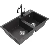 Mexen Tomas granieten spoelbak 2-kamer met keukenmengkraan Carla, zwart gespikkeld - 6516-76-670700-70