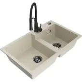 Mexen Tomas granieten gootsteen 2-kamer met keukenmengkraan Aster, beige - 6516-69-73450-70-B