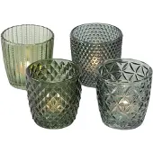 Famanu - Windlicht glas groen theelichthouder set van 4