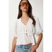 Happiness İstanbul V-hals Korte Mouwen Kant Blouse met Koordjes